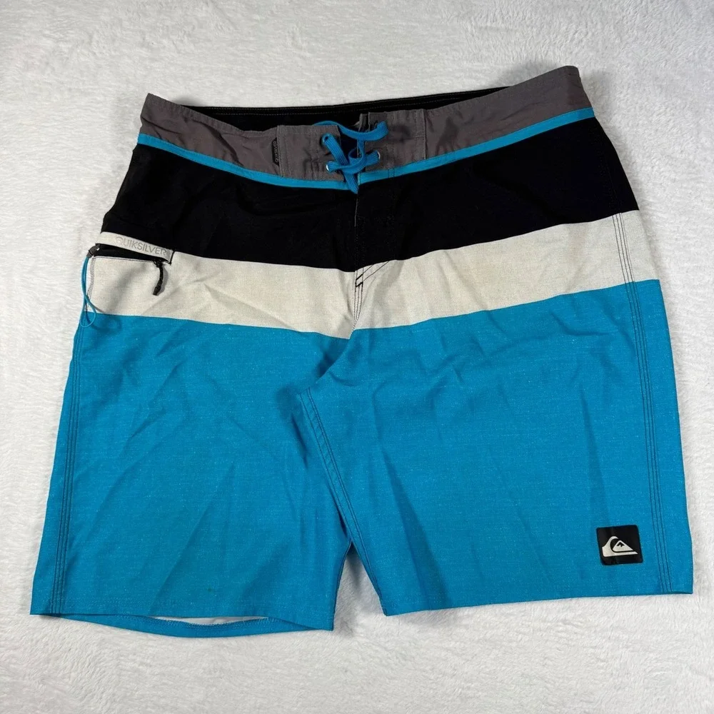 Quiksilver Board Shorts Mens 38 Blue‎ Black Colorblock Zip Pocket Stretch
